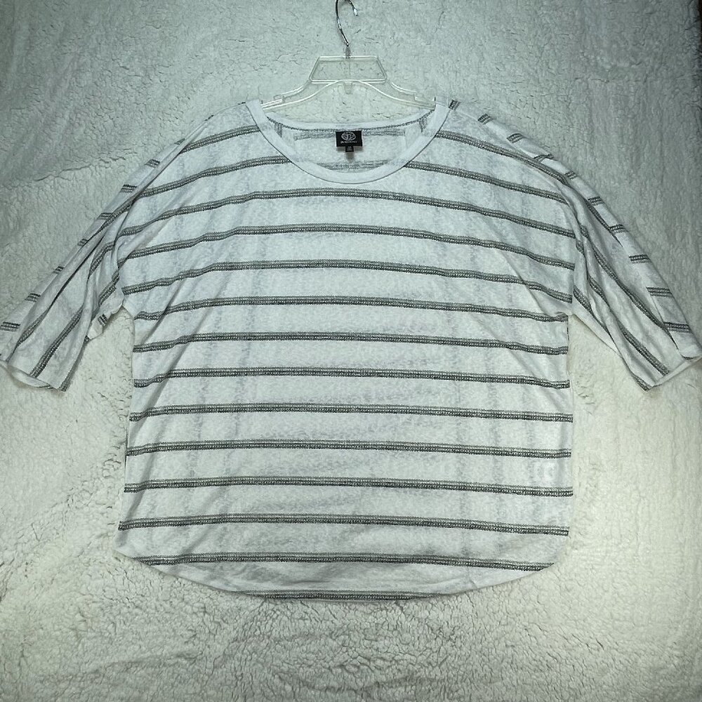 BOBEAU Blouse Womens Size 1X White Gray Sheer Striped 3/4 Sleeve BOHO NWOT